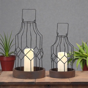 Black Iron Wire <b>Candle</b> <b>Lanterns</b> With Wooden Base Modern Design Home Decoration - Product Image 5