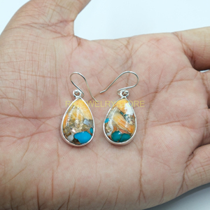 Pendientes Colgantes Hechos a Mano de Plata de Ley 925 con Gema de Turquesa de Ostra Espinosa Multicolor Natural en Forma de Pera, Estilo Bohemio Étnico - Product Image 3