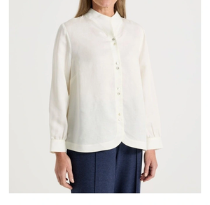 Womens Summer Long Sleeve Mandarin Collar Button Front Shirt Soft Solid Color Casual Office Blouse 100% Cotton Breathable - Product Image 2