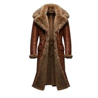 Manteau long en cuir marron style vintage 2026 unisexe, tendance, avec fourrure, design personnalisé en peau de mouton, vêtement d'extérieur