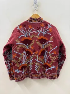 Chaqueta Corta de Terciopelo Marrón Hecha a Mano para Mujer, Bordado con Hilo Suzani, Chaqueta de Invierno con Frente Abierto, Cárdigan - Product Image 2