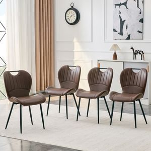 Set di 4 Sedie da Pranzo Marroni in PU con Maniglia Integrata, Telaio in Metallo Nero e Piedini Regolabili per Sala da Pranzo Domestica - Product Image 1