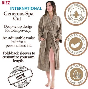 Women Terry Cloth Bathrobe Long Sleeve Full Length Soft Cozy Spa Wear 100% Cotton Turn-down Collar Drawstring Belt - Product Image 5