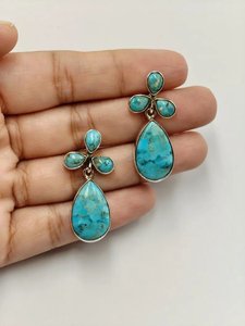 Boucles d'oreilles en turquoise en forme de larme en argent sterling 925, bijoux faits à la main de style western pour femmes, cadeau - Product Image 5
