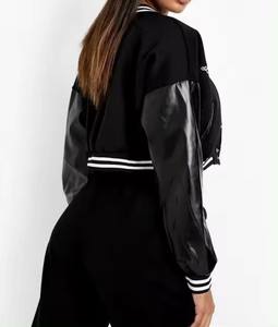 Veste bomber de baseball universitaire noire courte pour femme avec manches en cuir, broderies chenille personnalisées 2024, fabrication OEM - Product Image 3
