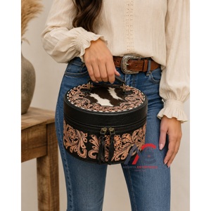 Premium <b>Black</b> Tooled Floral <b>Leather</b> Travel Organizer Case Stylish Vanity Box Makeup Necklace Rings Organizer Women Jewelry Case - Product Image 1
