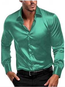 Chemise habillée en satin noir uni de qualité supérieure pour homme, à manches longues, coupe ajustée, infroissable, en soie tissée, avec boutons - Product Image 4