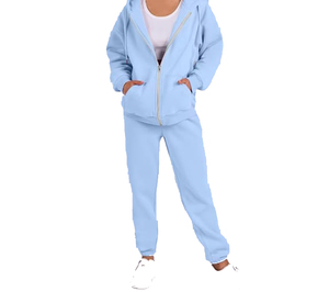 Ensemble de survêtement pour femme bleu clair à capuche, 2 pièces, fermeture éclair intégrale, sweat-shirt et pantalon décontractés, couleur unie, 100% coton, produit le plus vendu - Product Image 3