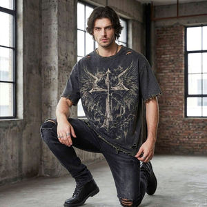 Camiseta Oversize Personalizada con Gráficos para Hombre, Estilo Vintage Desgastado con Alas Cruzadas, Streetwear, Lavado Ácido, Impresión Personalizada - Product Image 2