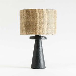 Creative Quality Hammered Textured Resin <b>Black</b> <b>Table</b> <b>Lamp</b> Modern Stacked Geometric Base Home Lighting With Woven <b>Shade</b> <b>Lamps</b> - Product Image 1