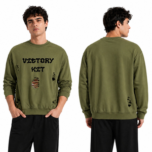 Custom Mens Distressed Crewneck Sweatshirt Vintage Ripped Pullover Streetwear Casual Cotton Blend Hoodie Style Top - Product Image 4