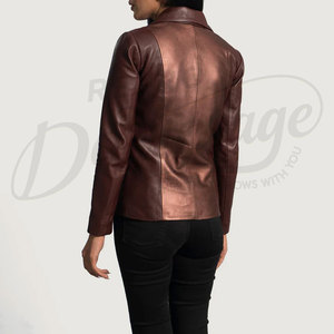 Women Maroon and Metallic Bronze Real <b>Leather</b> <b>Blazer</b> <b>Jacket</b> Slim Fit Premium Sheepskin Two-Tone Formal Casual Business Outerwear - Product Image 6