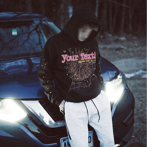 Sweat à capuche respirant d'hiver en coton French Terry 370 g/m² noir motif toile d'araignée, personnalisable avec paillettes, coupe classique, style streetwear, vente en gros - Product Image 5