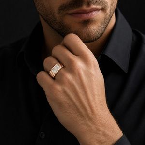 Solid 18K Gold <b>Mens</b> Diamond Rectangular Signet <b>Ring</b> Micro Pave Cluster Geometric High Polish Statement Wedding Party Gift Fine - Product Image 5