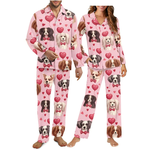 Custom Logo Low MOQ Polyester Couples <b>Pyjamas</b> Set Valentine's Long Sleeve Sleepwear Suit Couple 2 Piece Lounge Wear - Product Image 1