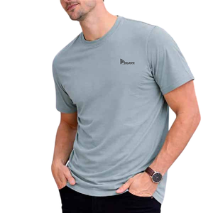 เสื้อยืดคอกลมแขนสั้นสีเบจสำหรับผู้ชาย ผ้าคอตตอนเจอร์ซีย์สีพื้น สวมใส่สบาย ระบายอากาศได้ดี ทรงปกติ พิมพ์ลายโลโก้ด้านหน้า - Product Image 4