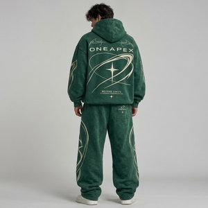 Conjunto de Sudadera con Capucha y Pantalones Jogger Oversize para Hombre, Verde con Lavado Ácido, de Algodón Pesado, Estilo Urbano, Ropa Deportiva a Juego, Prendas Personalizadas - Product Image 2