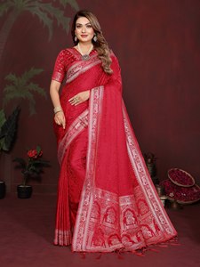 Sari de Gala de Seda Satinada Teñido a Mano con Borde Ancho de Zari Tejido, Diseño Tradicional, Blusa sin Coser para Mujer - Product Image 5