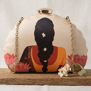 Elegant Flower Lady Printed Clutch Satin Fabric Exterior Raw Silk Interior with Chain Strap and <b>Clasp</b> Closure - Product Image 1