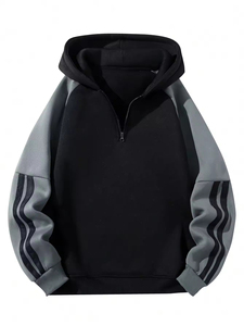 Sweat-shirt à capuche zippé 1/4 pour homme, coupe slim, en tissu peigné anti-boulochage, avec épaules tombantes, patchwork, collection automne, personnalisable OEM - Product Image 2