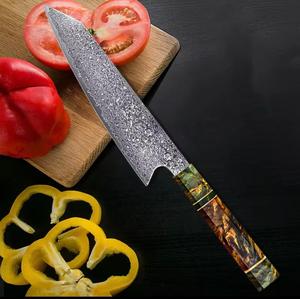 Couteau de chef en acier Damas forgé à la main, avec manche en bois ambidextre, revêtement antiadhésif, compatible lave-vaisselle, écologique - Product Image 1