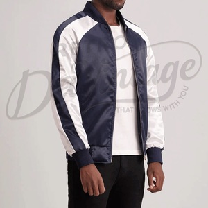 Chaqueta Varsity Azul Marino Personalizada para Hombre, Chaqueta Bomber de Satén con Mangas Raglán Blancas, Chaqueta de Béisbol Universitaria Ligera y Ajustada - Product Image 5