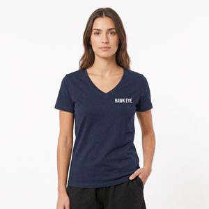 T-shirt en coton bleu marine à col en V pour femme, manches courtes, avec logo imprimé, style décontracté, vente en gros - Product Image 2
