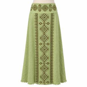 Jupe longue en tissu imprimé tribal vert sauge pour femmes, motifs ethniques |   Vêtements décontractés légers et respirants pour la plage, les festivals, les stations balnéaires et l'été - Product Image 1
