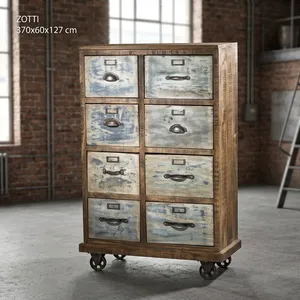 Industrial Wooden Iron Cabinet <b>on</b> <b>Wheels</b> Vintage Rolling Storage <b>Chest</b> 08 <b>Drawer</b> Rustic Metal Filing Organizer Furniture - Product Image 4