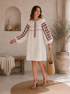 Robe courte pour femme en organza brodée de fleurs, manches longues, coupe ample, style bohème décontracté, pour l'extérieur, 100% coton, printemps été - Product Image 2