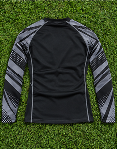 QST Men's <b>Black</b> Gray Long Sleeve Rash Guard <b>Compression</b> <b>Shirt</b> Quick Dry Front Logo Print for Fitness MMA BJJ Running - Product Image 3