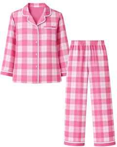 Ensemble de pyjama pour femmes à carreaux rose et blanc, manches longues, boutonné, vêtements de nuit en coton doux, ensemble de deux pièces, ensemble confortable pour se détendre - Product Image 1