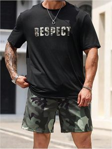 Ensemble de survêtement 2 pièces pour hommes grandes tailles : T-shirt camouflage à lettres et short à cordon de serrage - Product Image 5