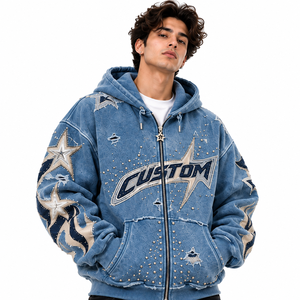 Sweat-shirt à capuche zippé unisexe Tie Dye délavé à l'acide avec broderie de strass, bicolore, coloré, style streetwear, orné de cristaux - Product Image 3