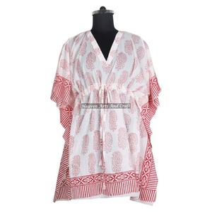 100% Cotton Premium Quality Hand Block Best Print Soft Kaftan KFCS010 Light Weight Women Casual Occasion Wear Short Caftan Dress - Product Image 3