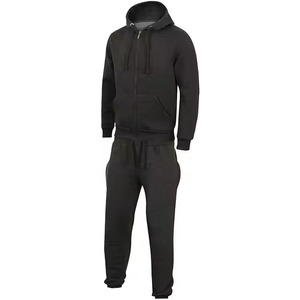 Ensemble de survêtement noir à capuche pour homme, sweat-shirt et pantalon à fermeture éclair intégrale, couleur unie décontractée, en coton respirant, style automne - Product Image 1
