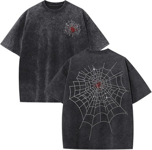 Camiseta Negra Oversize para Hombre, Manga Corta, Cuello Redondo, Estilo Urbano, Diseño Bordado de Telaraña, Algodón Jersey - Product Image 3