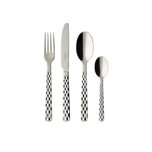 Juego de cubertería con mango de diseño largo y punteado martillado, conjunto de cubiertos plateados de acero inoxidable - Product Image 1
