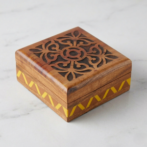 Handmade Floral Carved Wooden Box with Decorative Lid, Artisan Keepsake Storage Box for Jewelry, Trinkets, <b>Coffee</b> <b>Table</b> Styling - Product Image 2