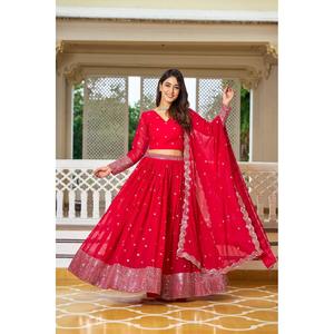 TRADITIONAL GEORGETTE SEQUENCE WORK <b>LEHENGA</b> CHOLI WITH DUPATTA <b>RED</b> - Product Image 1
