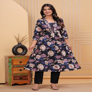 <b>Women</b> Black Floral Printed Cotton Kurti Set with Pants, V-Neck 3/4 Sleeve Ethnic Wear Casual Daily Wear <b>Kurta</b> Set for <b>Women</b> - Product Image 1