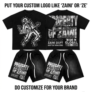 ZAINI 240 GSM Acid Wash Polyester Jersey Black T-Shirt <b>and</b> <b>Shorts</b> <b>Set</b> Custom Distressed Embossed Logo Breathable Summer Men's - Product Image 1