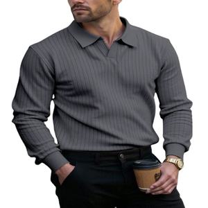 Polo décontracté pour homme en sergé, à manches longues, col en V, boutonné, couleur unie, respirant, collection automne – Meilleures ventes - Product Image 1