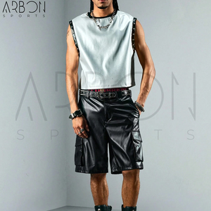 Bon Fournisseur avec Logo Personnalisé 2026 Street Life OEM ODM Short Décontracté pour Homme en Cuir PU Couleur Unie avec Poches Obliques - Product Image 3