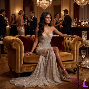 Vestido de noche de lujo con cuentas estilo champán |   Vestido de Fiesta de Diseño con Escote Profundo en V |   Vestido Elegante de Corte Entallado para Novia y Eventos Formales con Brillos - Product Image 1