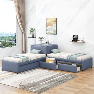 Letto a piattaforma a L grigio imbottito con letto estraibile e due cassetti collegati a scrivania integrata - Product Image 2