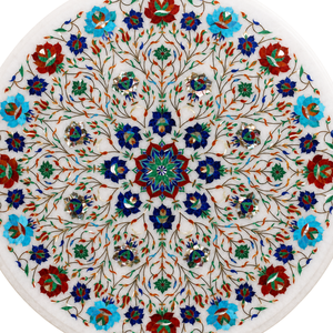 Assiette décorative de luxe en marbre blanc fait main avec incrustation de pierres semi-précieuses et miroir |   Décoration murale de mariage ronde polie en Pietra Dura - Product Image 3