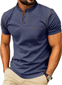 T-shirt tricoté à col montant et manches courtes pour homme, couleurs unies, coupe athlétique décontractée, mélange de coton respirant pour l'été, tailles S - 4XL - Product Image 5