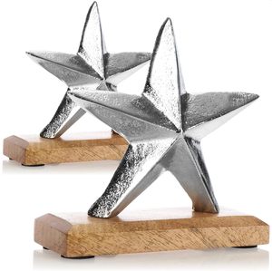 Juego de 2 esculturas de estrellas plateadas, decoración de metal hecha a mano sobre base de madera, adorno geométrico moderno para mesa de salón, Navidad - Product Image 1