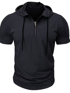 Men's Hooded Henley T-Shirt Short Sleeve Regular Fit Quick Dry Solid Color Casual Pullover Light Blue Jersey Knit Polyester 200g - Product Image 4